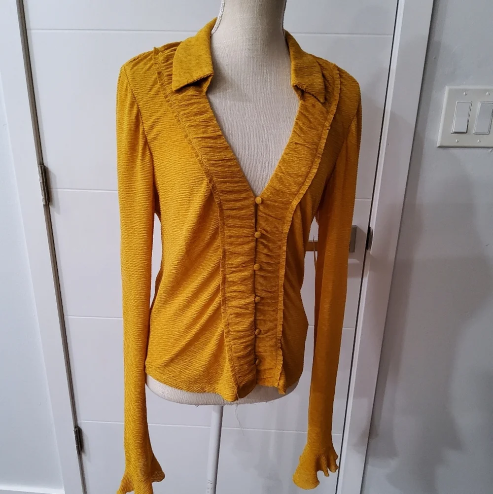 Anthropologie Gold Textured Button Down Blouse Size M
